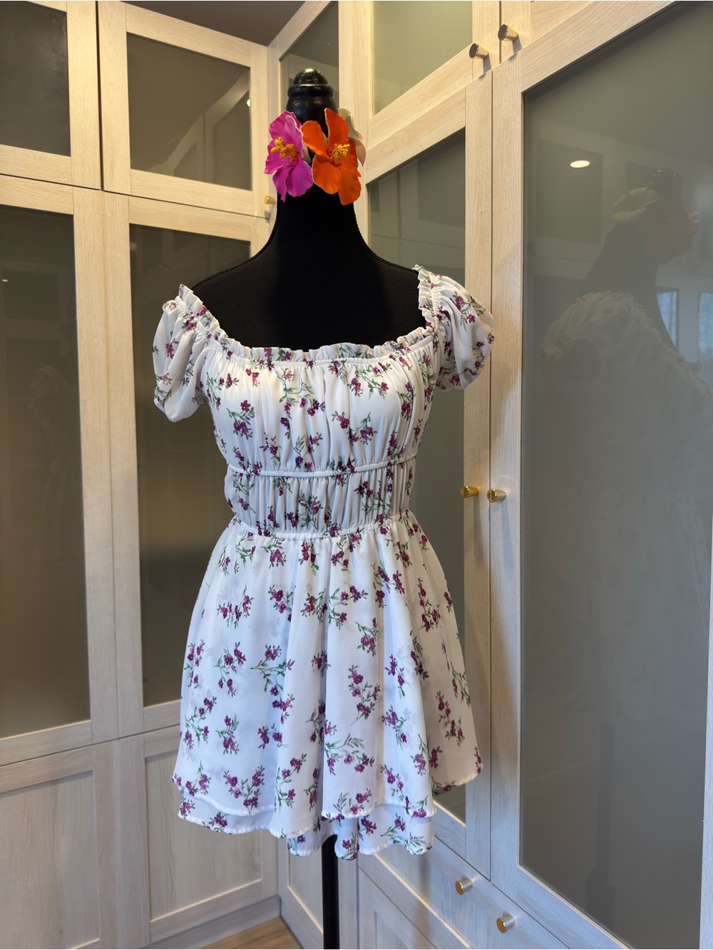 Windsor White Floral Smocked Off-Shoulder Peplum Tunic